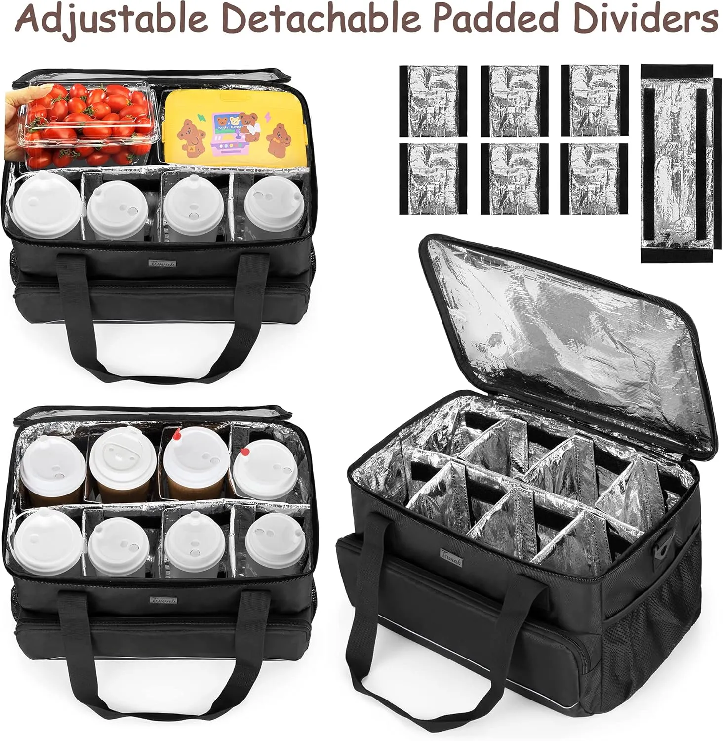 Trunab Reusable 8 Cups Drink Carrier for Delivery with Adjustable Dividers, Handle with Carrying Strap Tote Holder Insulated Bag for Beverages,Food Take Out,Outdoors