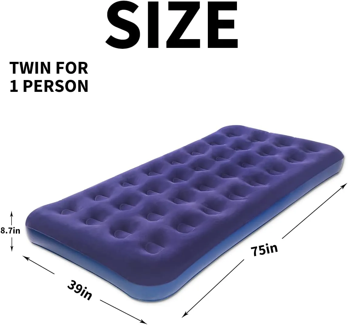 Twin Size Air Mattress for Inflatable - Portable Blue Blow Up Mattresses with Flocked top - Single Foldable Air Bed for Tent Camping Home Travel Backpacking