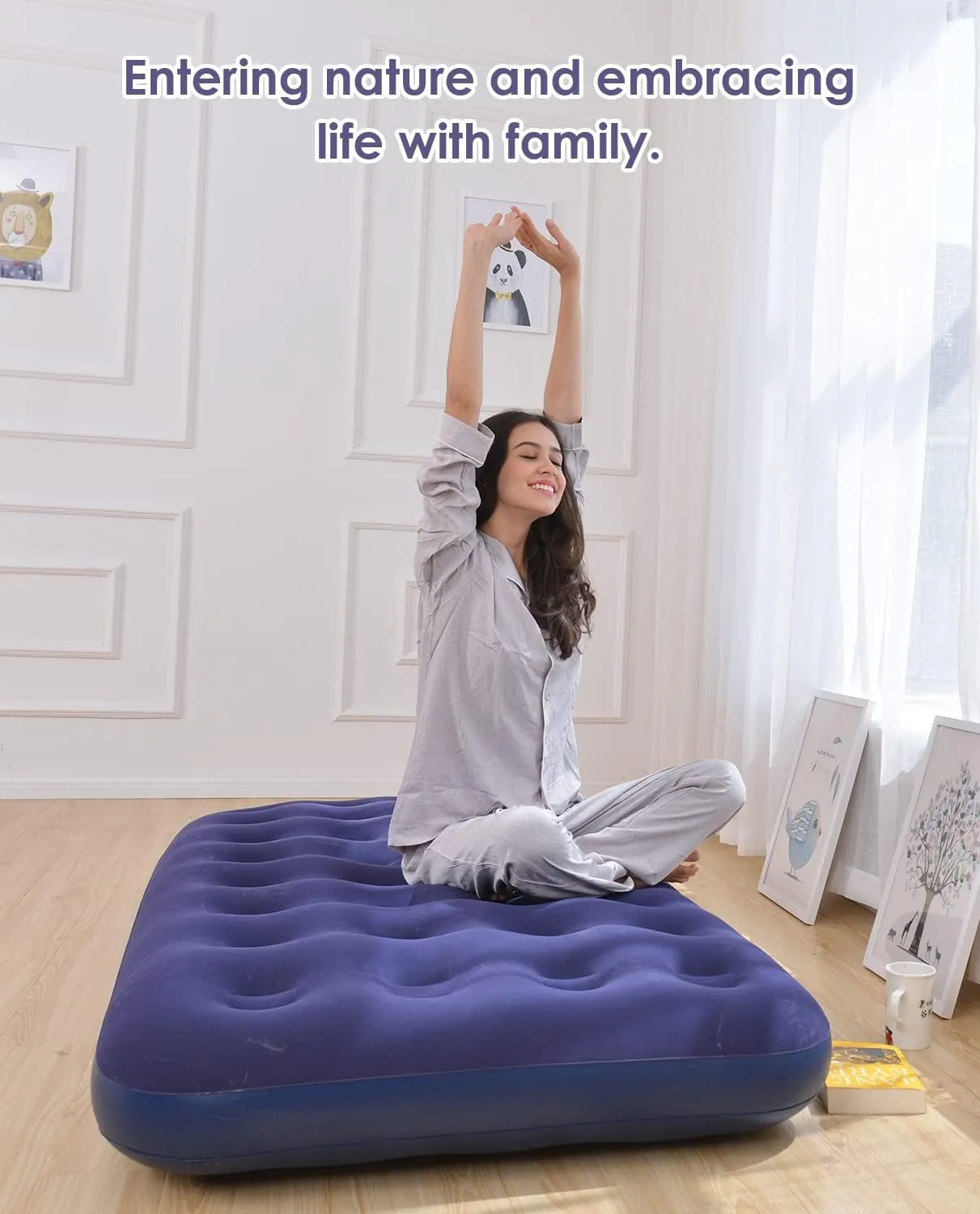 Twin Size Air Mattress for Inflatable - Portable Blue Blow Up Mattresses with Flocked top - Single Foldable Air Bed for Tent Camping Home Travel Backpacking