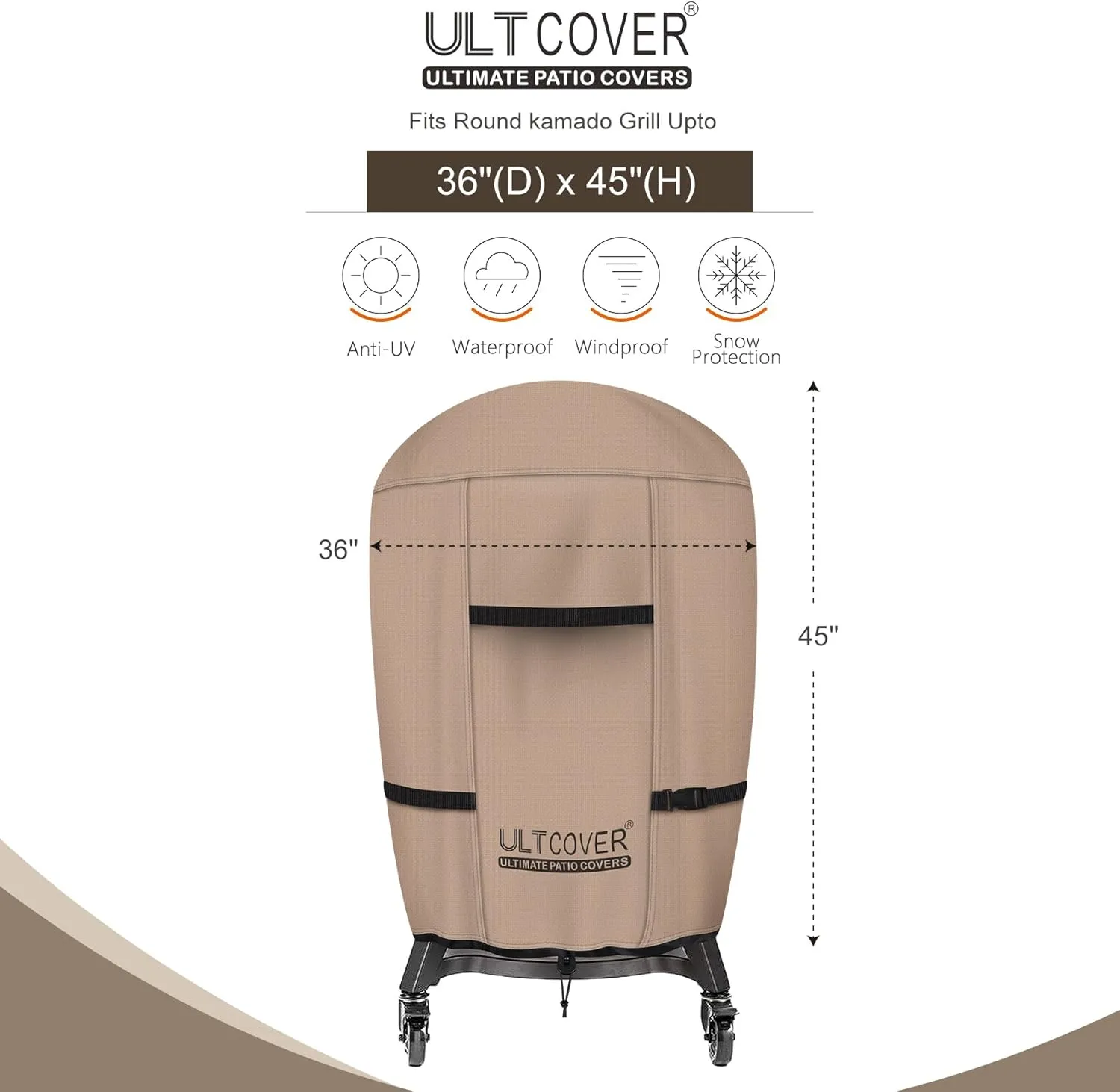 ULTCOVER Outdoor Waterproof Charcoal Kamado Joe Grill Cover for 22-24 inch Big Green Egg Char-Griller Char-Broil and Other Round Smokers Size Up to 36” Dia x 45” H
