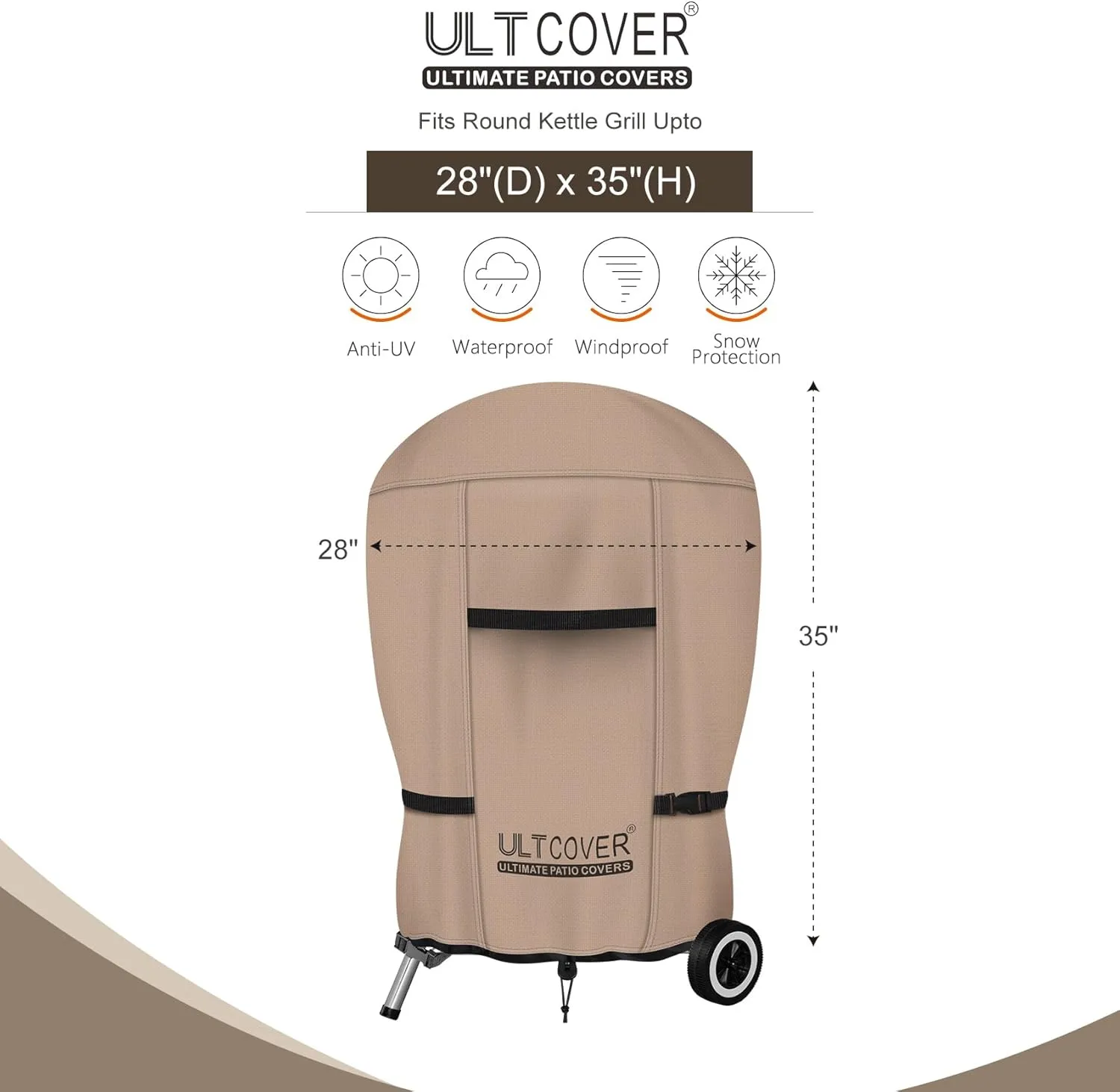 ULTCOVER Outdoor Waterproof Charcoal Kettle Grill Cover for Most 22 inch Round Smoker Size Up to 28” Dia x 35” H