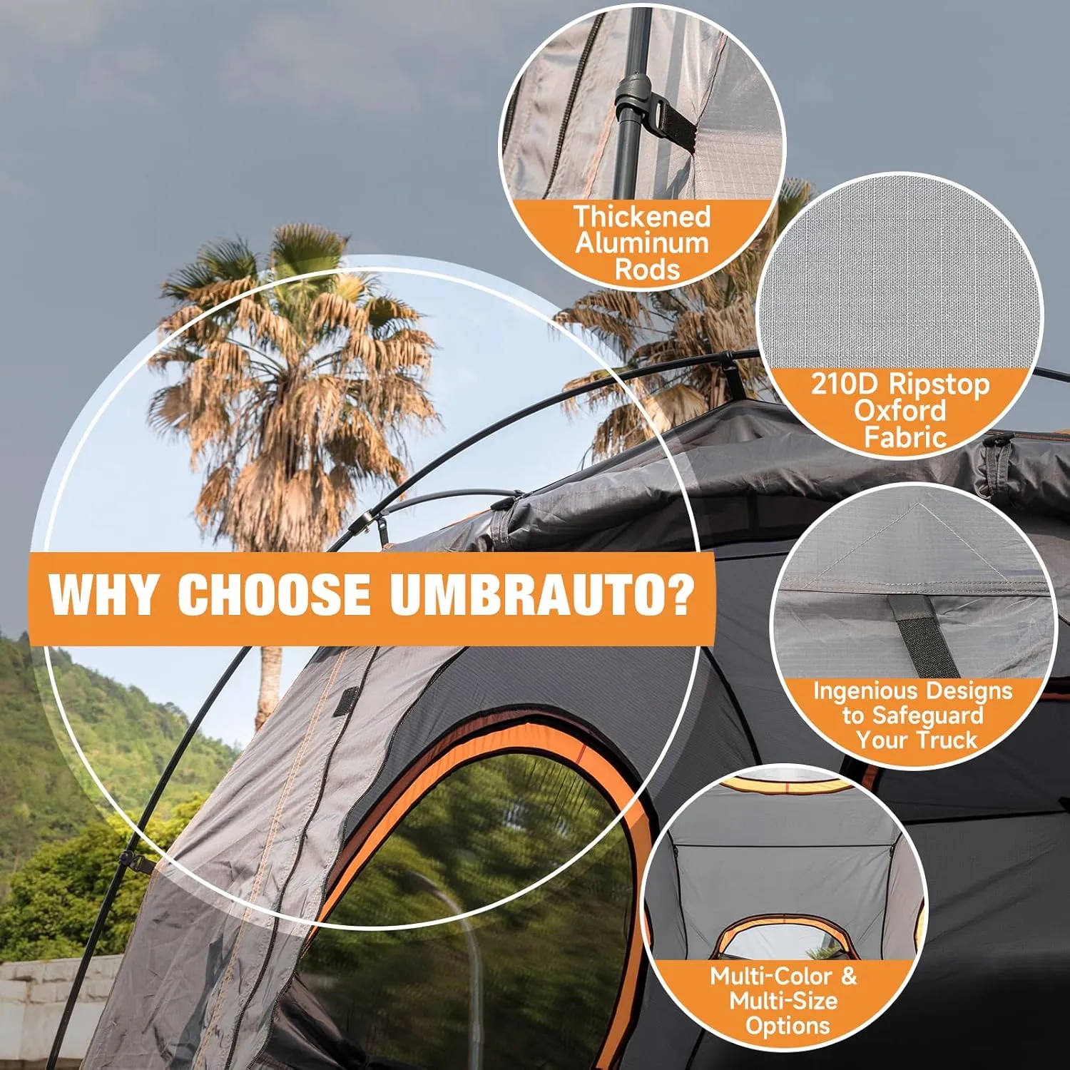 Umbrauto Truck Bed Tent: 6.4-6.7ft Truck Tent Easy Setup for Camping, 3000mm Waterproof Pickup Truck Tent for 2 Person, Ford, GMC, Toyota, Chevy, Dodge, Nissan, Grey & Orange