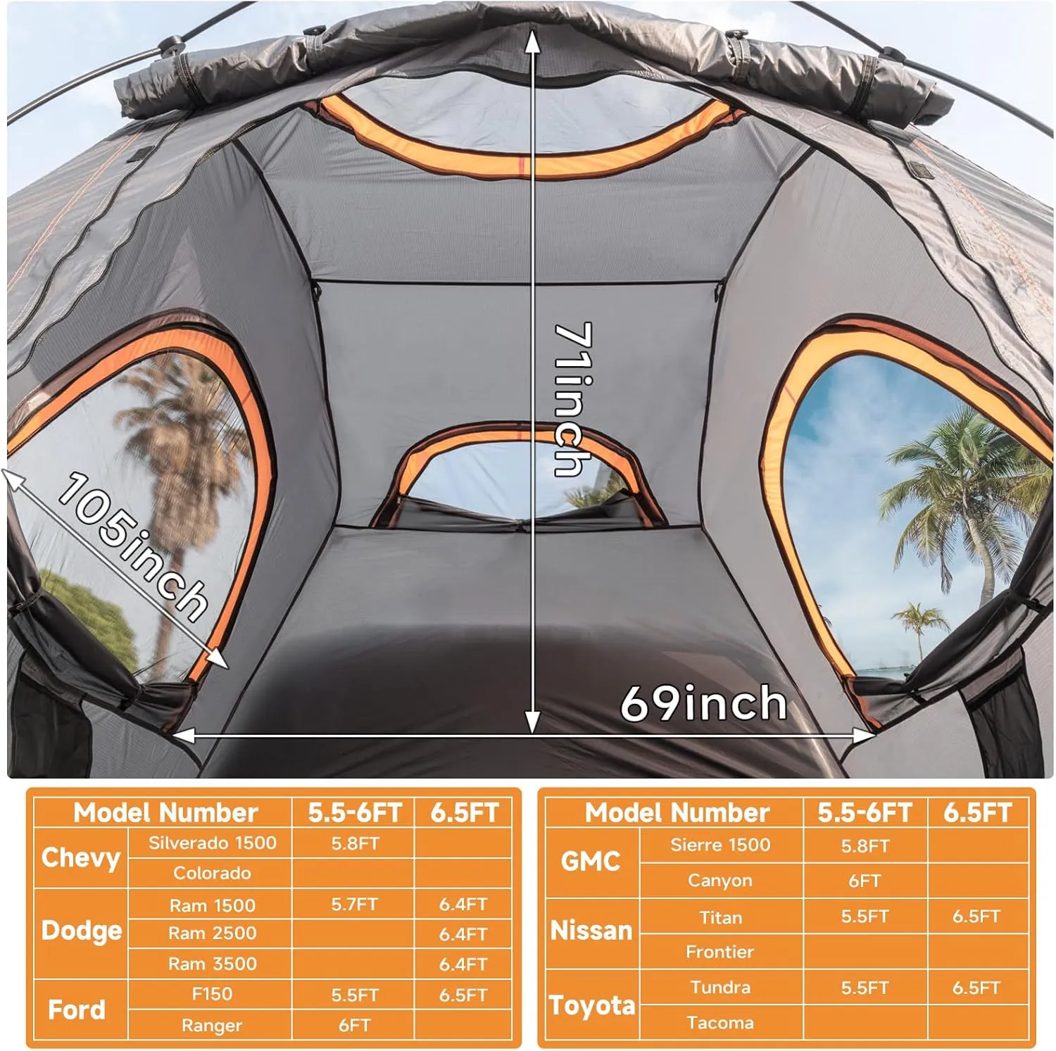 Umbrauto Truck Bed Tent: 6.4-6.7ft Truck Tent Easy Setup for Camping, 3000mm Waterproof Pickup Truck Tent for 2 Person, Ford, GMC, Toyota, Chevy, Dodge, Nissan, Grey & Orange