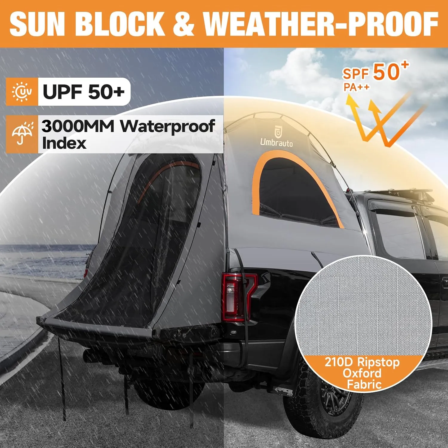 Umbrauto Truck Bed Tent: 6.4-6.7ft Truck Tent Easy Setup for Camping, 3000mm Waterproof Pickup Truck Tent for 2 Person, Ford, GMC, Toyota, Chevy, Dodge, Nissan, Grey & Orange