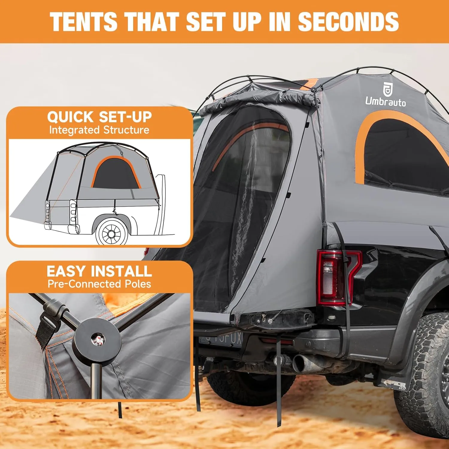 Umbrauto Truck Bed Tent: 6.4-6.7ft Truck Tent Easy Setup for Camping, 3000mm Waterproof Pickup Truck Tent for 2 Person, Ford, GMC, Toyota, Chevy, Dodge, Nissan, Grey & Orange