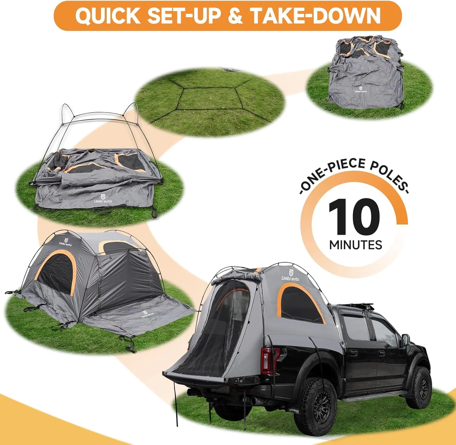 Umbrauto Truck Bed Tent: 6.4-6.7ft Truck Tent Easy Setup for Camping, 3000mm Waterproof Pickup Truck Tent for 2 Person, Ford, GMC, Toyota, Chevy, Dodge, Nissan, Grey & Orange