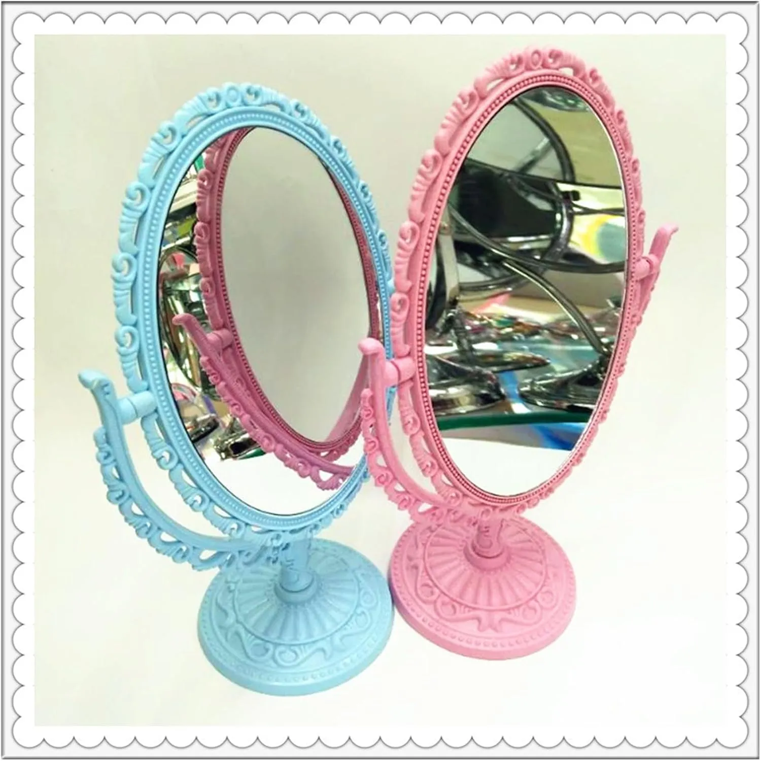 Vanity Mirror Desktop Double-Sided Rotating, Desktop Plastic High-Definition Vanity Mirror, European Style,White