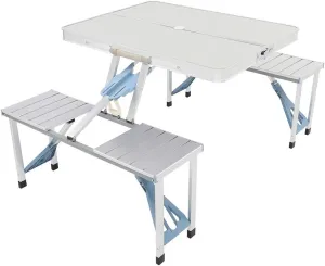 Vasitelan Folding Camping Picnic Table with Seats/Umbrella Hole, Lightweight and Fold Up Card Suitcase Table Aluminum Alloy Frame, RV Tabletop with Soft Handle (Style 1)
