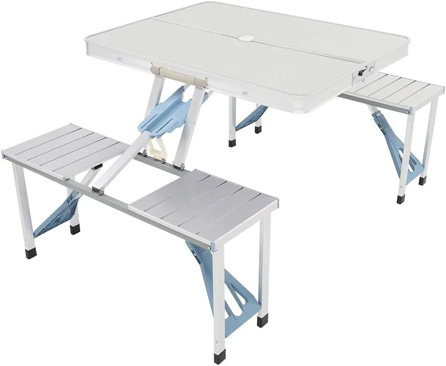 Vasitelan Folding Camping Picnic Table with Seats/Umbrella Hole, Lightweight and Fold Up Card Suitcase Table Aluminum Alloy Frame, RV Tabletop with Soft Handle (Style 1)