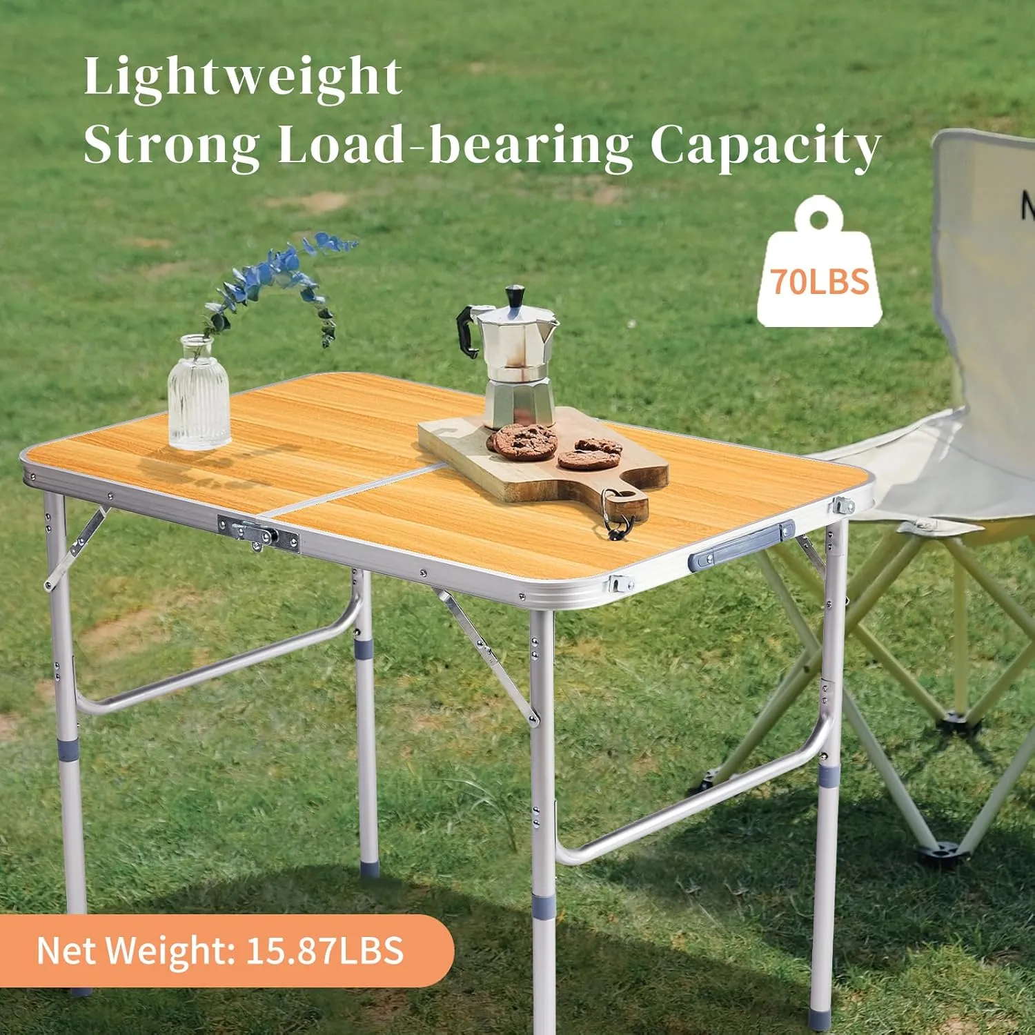 Vasitelan Folding Portable Camping Table, Outdoor Dining Picnic Table for Grill, DJ, BBQ, Dining, Picnic, Cooking, Beach, Garden (Wood Color, 3 FT)