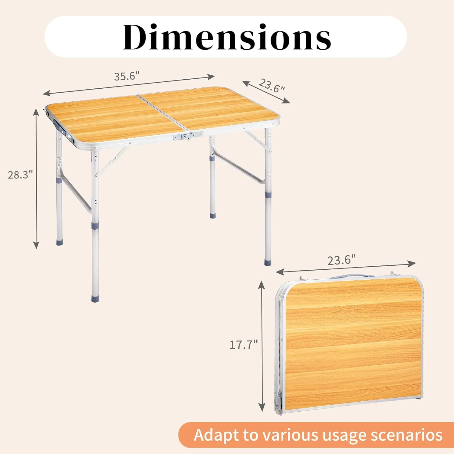 Vasitelan Folding Portable Camping Table, Outdoor Dining Picnic Table for Grill, DJ, BBQ, Dining, Picnic, Cooking, Beach, Garden (Wood Color, 3 FT)