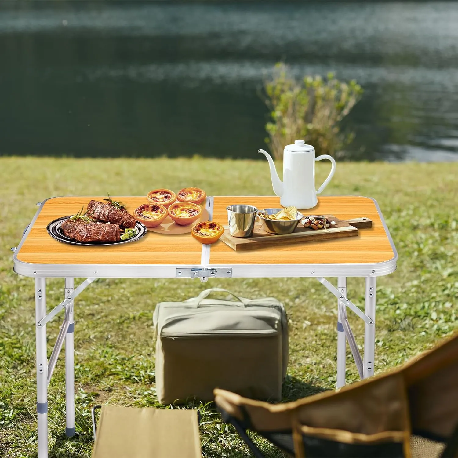 Vasitelan Folding Portable Camping Table, Outdoor Dining Picnic Table for Grill, DJ, BBQ, Dining, Picnic, Cooking, Beach, Garden (Wood Color, 3 FT)