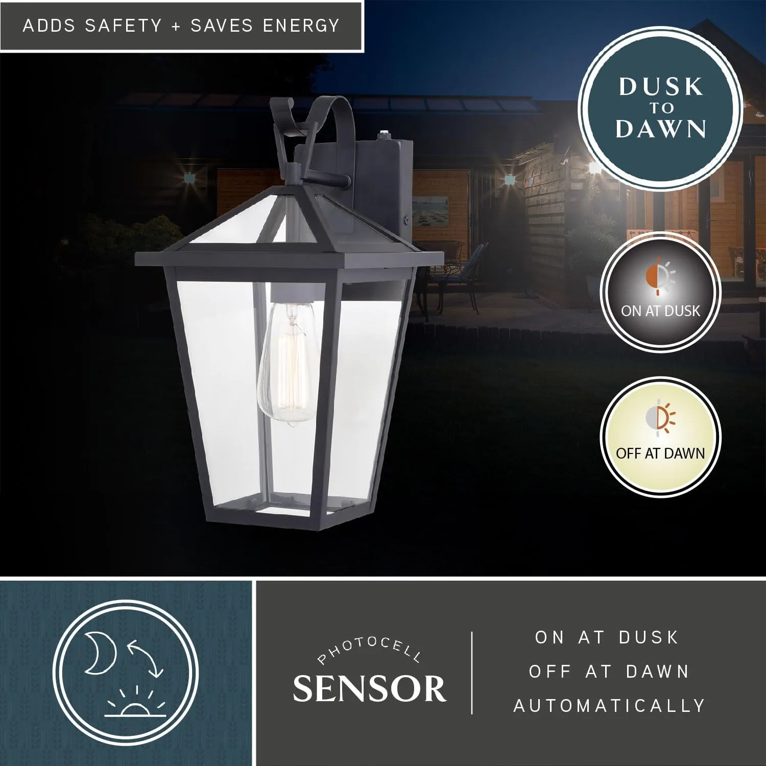 VAXCEL Derby 8-in W 1 Light Dusk to Dawn Matte Black Outdoor Wall Lantern Clear Glass Shade, LED Compatible