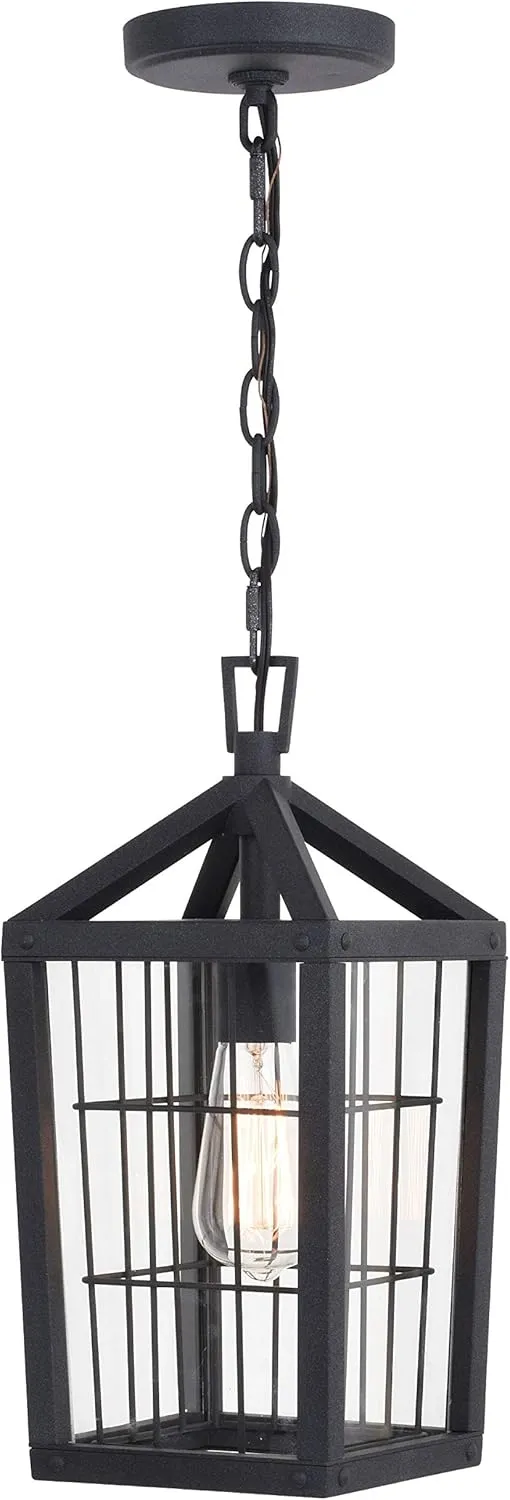 VAXCEL Gage 7-in Black Outdoor Farmhouse Wire Cage Pendant, 1-Light Hanging Ceiling Light with Clear Glass Panels