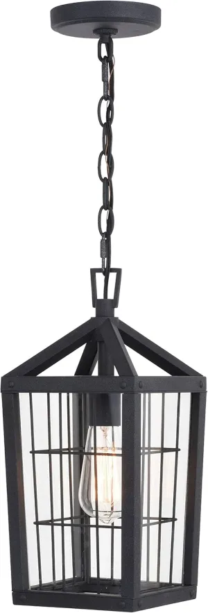 VAXCEL Gage 7-in Black Outdoor Farmhouse Wire Cage Pendant, 1-Light Hanging Ceiling Light with Clear Glass Panels
