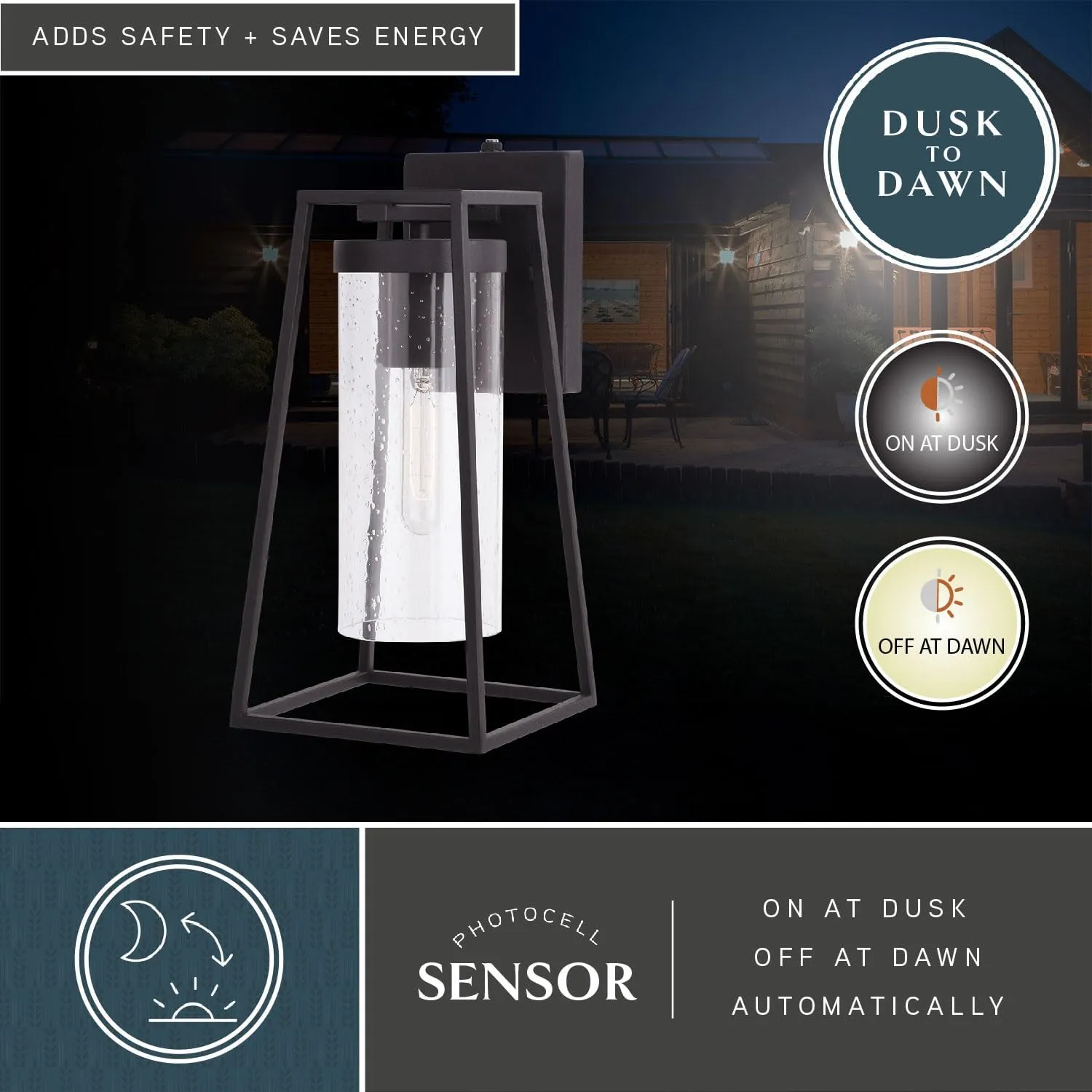 VAXCEL Nash 6.5-in Black Outdoor Modern Wall Lantern, Dusk to Dawn Photocell, 1-Light Wall Lamp Sconce with Clear Seeded Glass