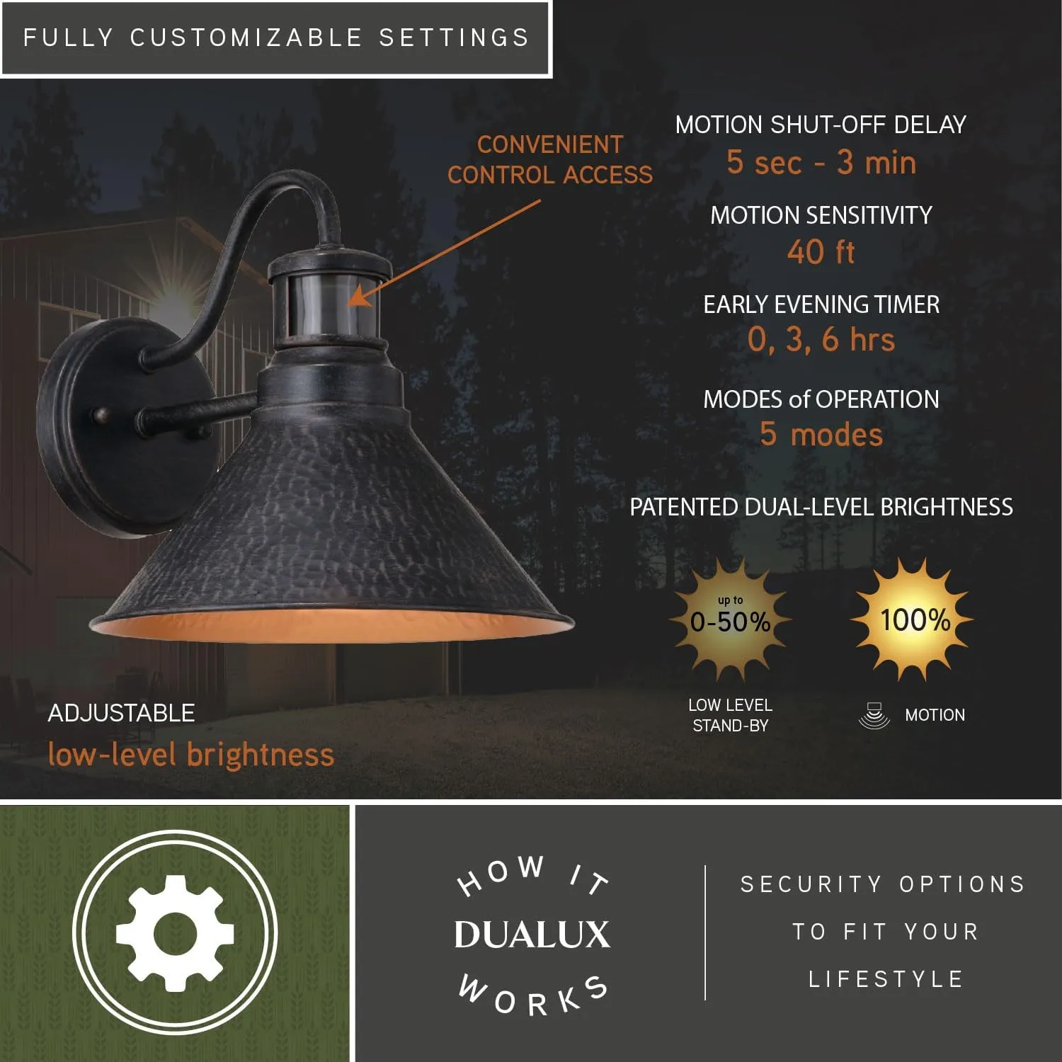 VAXCEL Outland Rustic Farmhouse Motion Sensor Dusk to Dawn Wall Light for Porch or Patio, Outdoor Gooseneck Wall Lantern with 180-Degree Motion Sensor, 10" W x 9.5" H x 11.75" D, Aged Black