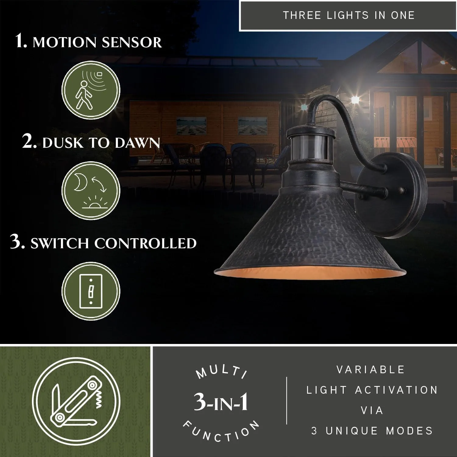 VAXCEL Outland Rustic Farmhouse Motion Sensor Dusk to Dawn Wall Light for Porch or Patio, Outdoor Gooseneck Wall Lantern with 180-Degree Motion Sensor, 10" W x 9.5" H x 11.75" D, Aged Black