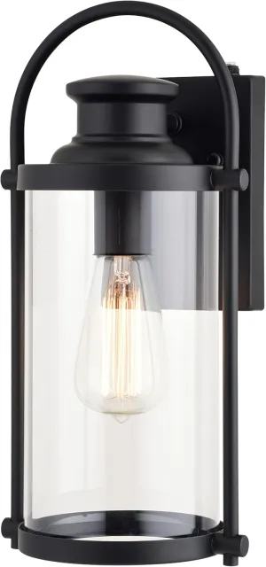 VAXCEL Winfield 1 Light Dusk to Dawn Matte Black Outdoor Wall Lantern Clear Cylinder Glass