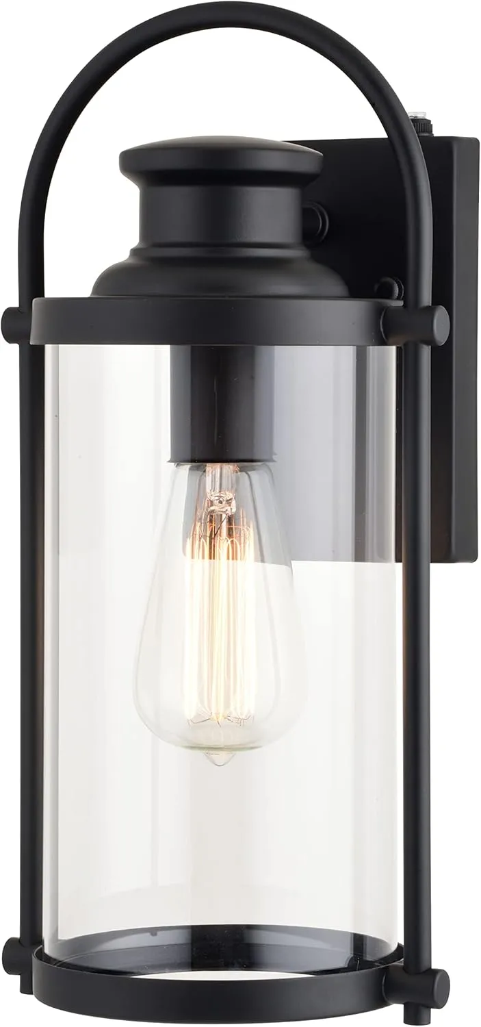VAXCEL Winfield 1 Light Dusk to Dawn Matte Black Outdoor Wall Lantern Clear Cylinder Glass