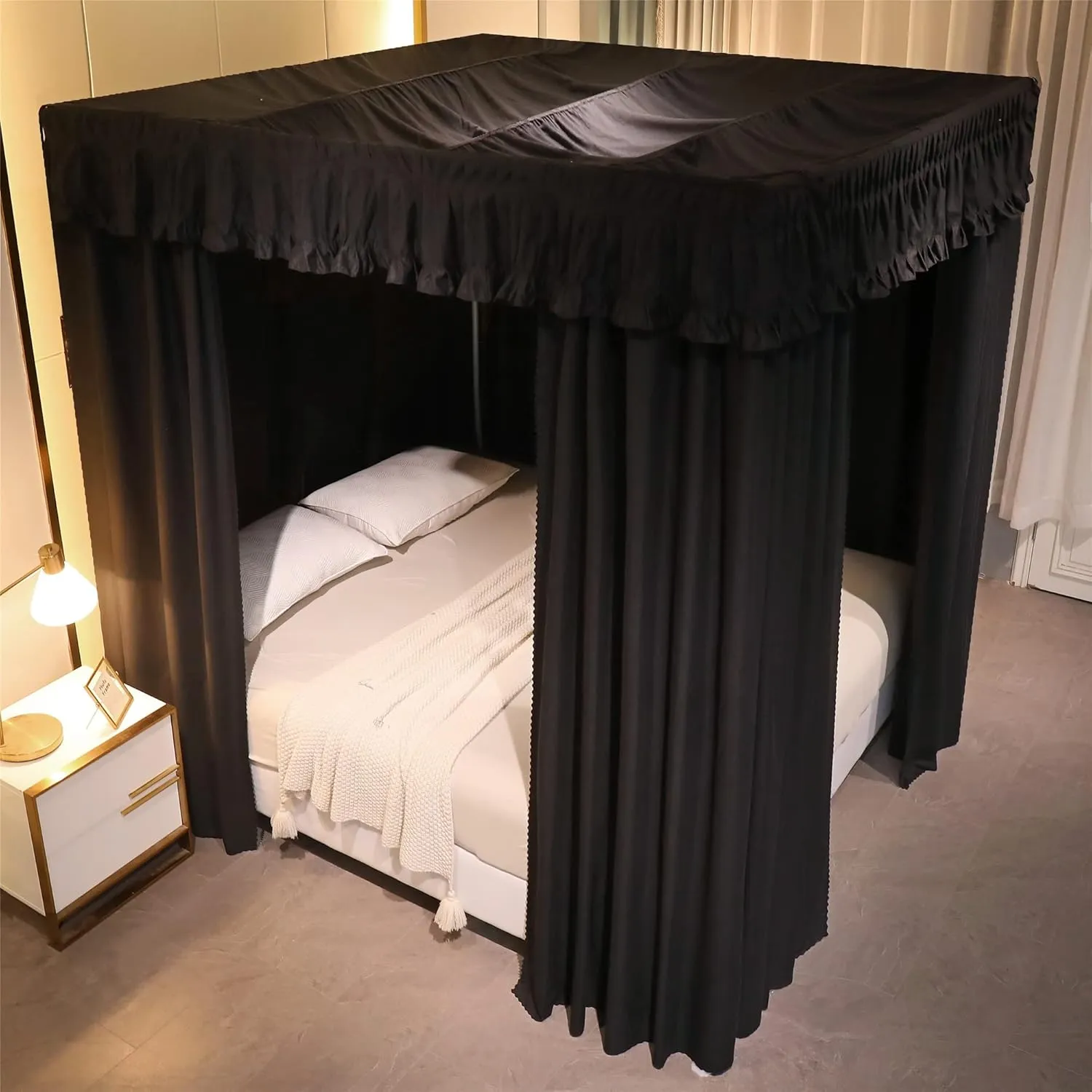 VETHIN Elastic Roof Style Four Corner Post Princess Bed Canopy Curtains Cozy Breathable Tent Canopy Mosquito Net for Girls & Adults Bedroom Decoration (Black,59-64" W*82" L*82"*H/(Queen))
