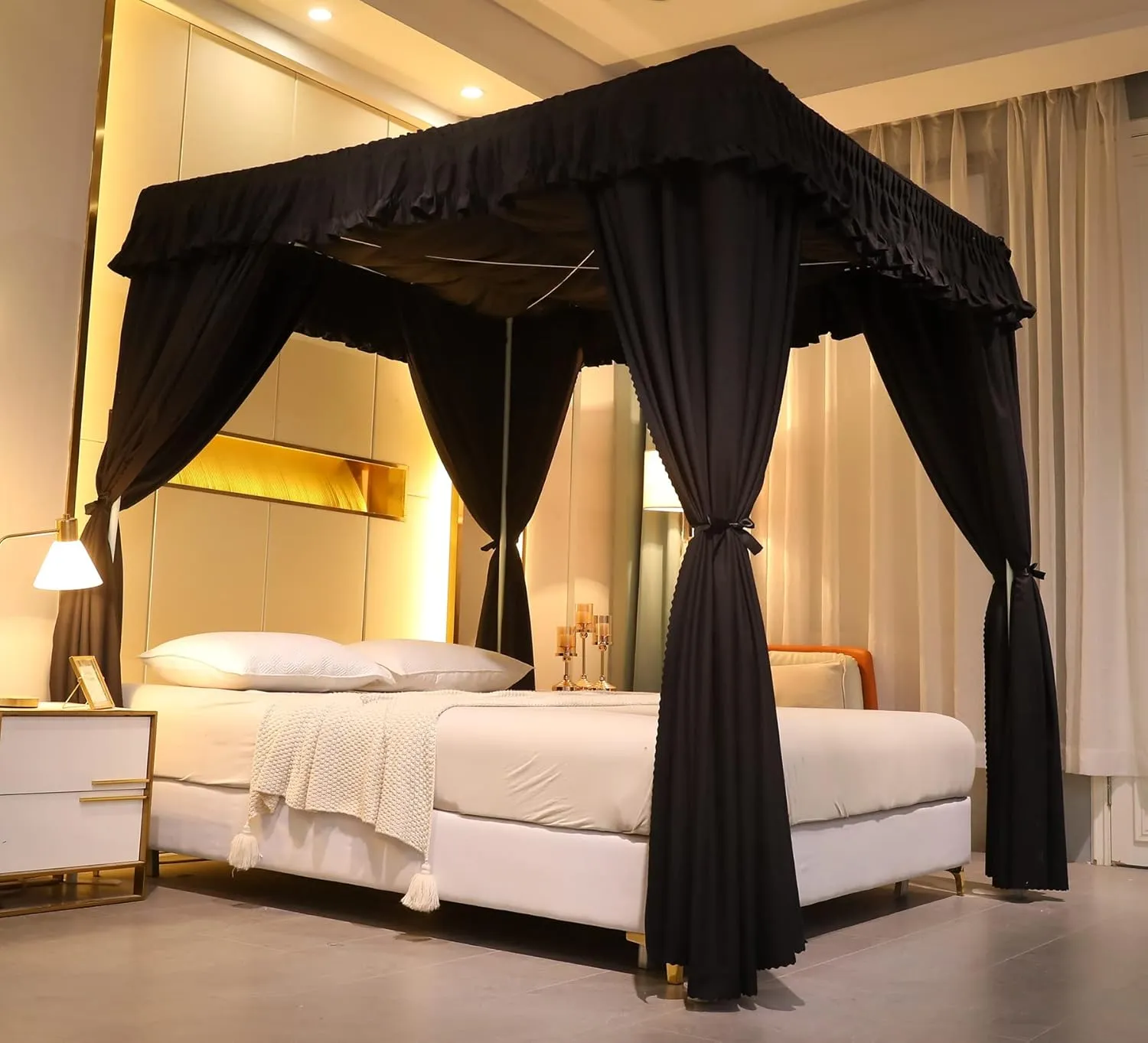 VETHIN Elastic Roof Style Four Corner Post Princess Bed Canopy Curtains Cozy Breathable Tent Canopy Mosquito Net for Girls & Adults Bedroom Decoration (Black,59-64" W*82" L*82"*H/(Queen))