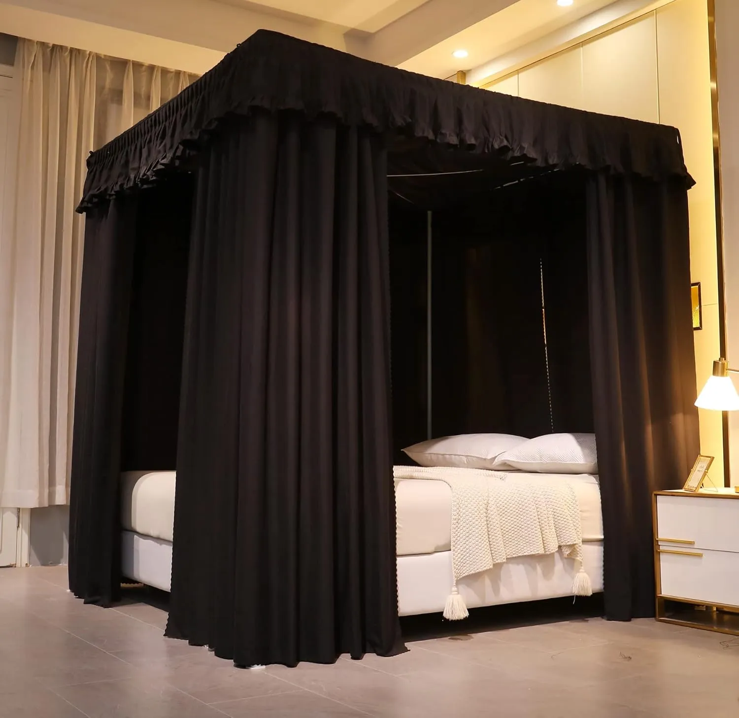 VETHIN Elastic Roof Style Four Corner Post Princess Bed Canopy Curtains Cozy Breathable Tent Canopy Mosquito Net for Girls & Adults Bedroom Decoration (Black,59-64" W*82" L*82"*H/(Queen))