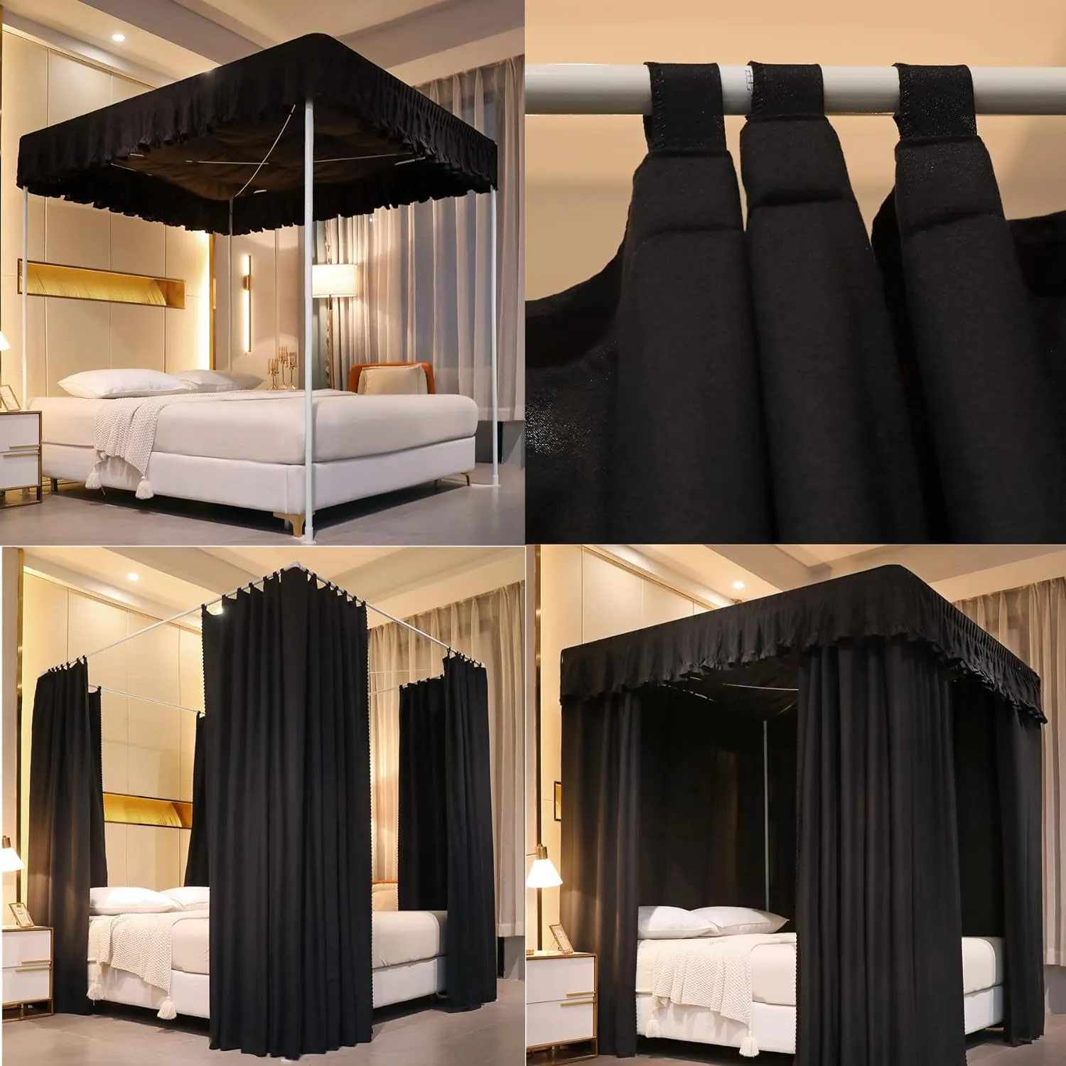 VETHIN Elastic Roof Style Four Corner Post Princess Bed Canopy Curtains Cozy Breathable Tent Canopy Mosquito Net for Girls & Adults Bedroom Decoration (Black,59-64" W*82" L*82"*H/(Queen))