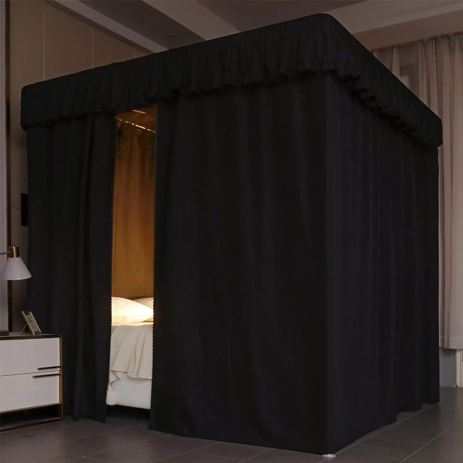 VETHIN Elastic Roof Style Four Corner Post Princess Bed Canopy Curtains Cozy Breathable Tent Canopy Mosquito Net for Girls & Adults Bedroom Decoration (Black,59-64" W*82" L*82"*H/(Queen))