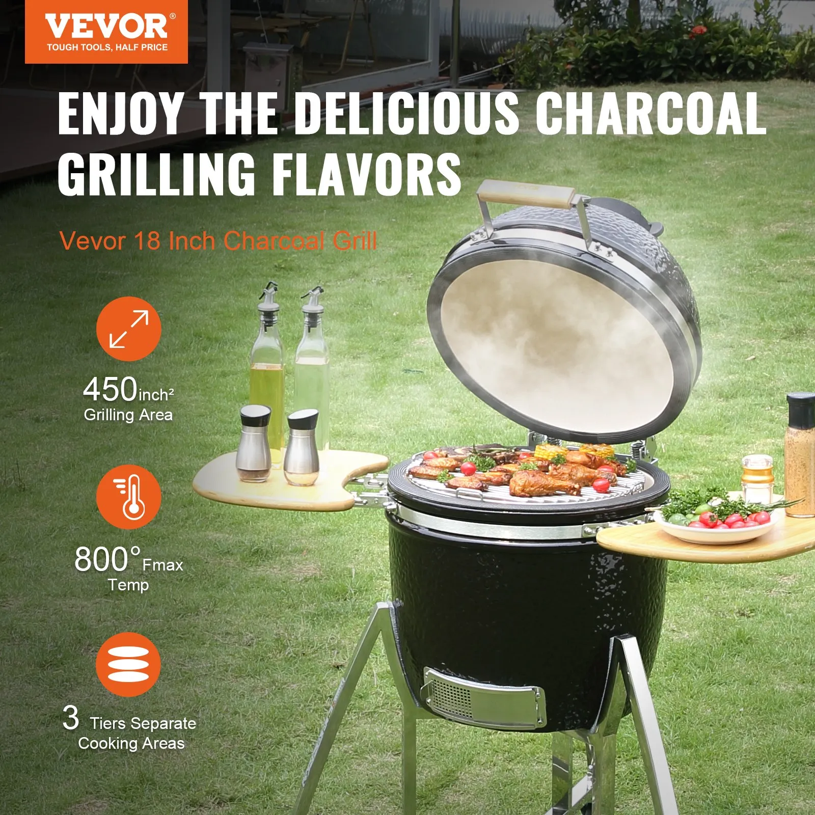 VEVOR 18" Ceramic Barbecue Grill Smoker Portable Round Outdoor Grill for Patio - High-Quality Clay and Stainless Steel Construction, Hinge Design, and Considerate Accessories