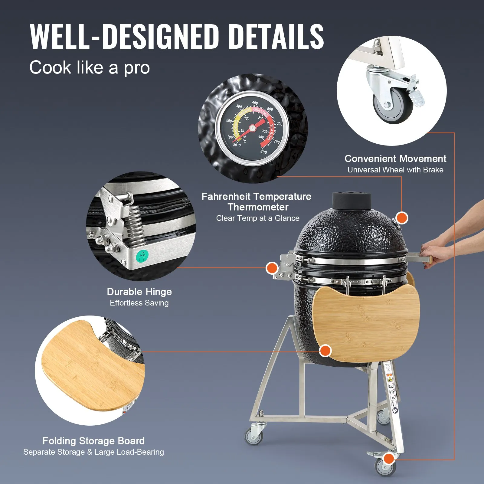 VEVOR 18" Ceramic Barbecue Grill Smoker Portable Round Outdoor Grill for Patio - High-Quality Clay and Stainless Steel Construction, Hinge Design, and Considerate Accessories
