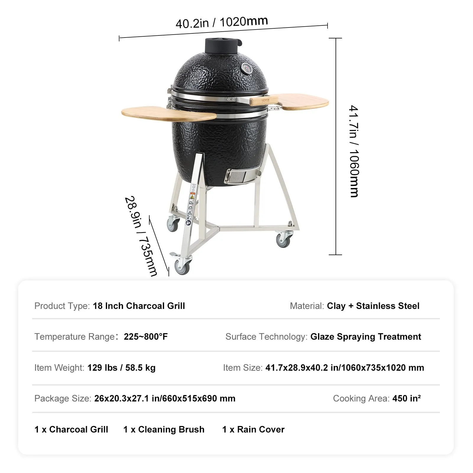 VEVOR 18" Ceramic Barbecue Grill Smoker Portable Round Outdoor Grill for Patio - High-Quality Clay and Stainless Steel Construction, Hinge Design, and Considerate Accessories