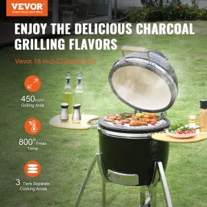 VEVOR 18" Ceramic Barbecue Grill Smoker Portable Round Outdoor Grill for Patio - High-Quality Clay and Stainless Steel Construction, Hinge Design, and Considerate Accessories
