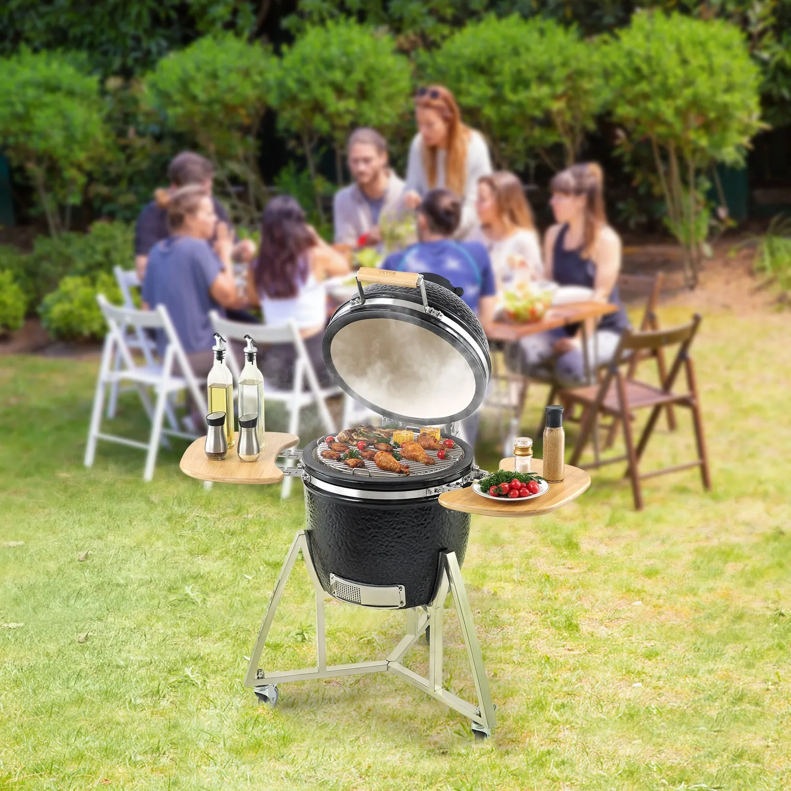 VEVOR 18" Ceramic Barbecue Grill Smoker Portable Round Outdoor Grill for Patio - High-Quality Clay and Stainless Steel Construction, Hinge Design, and Considerate Accessories