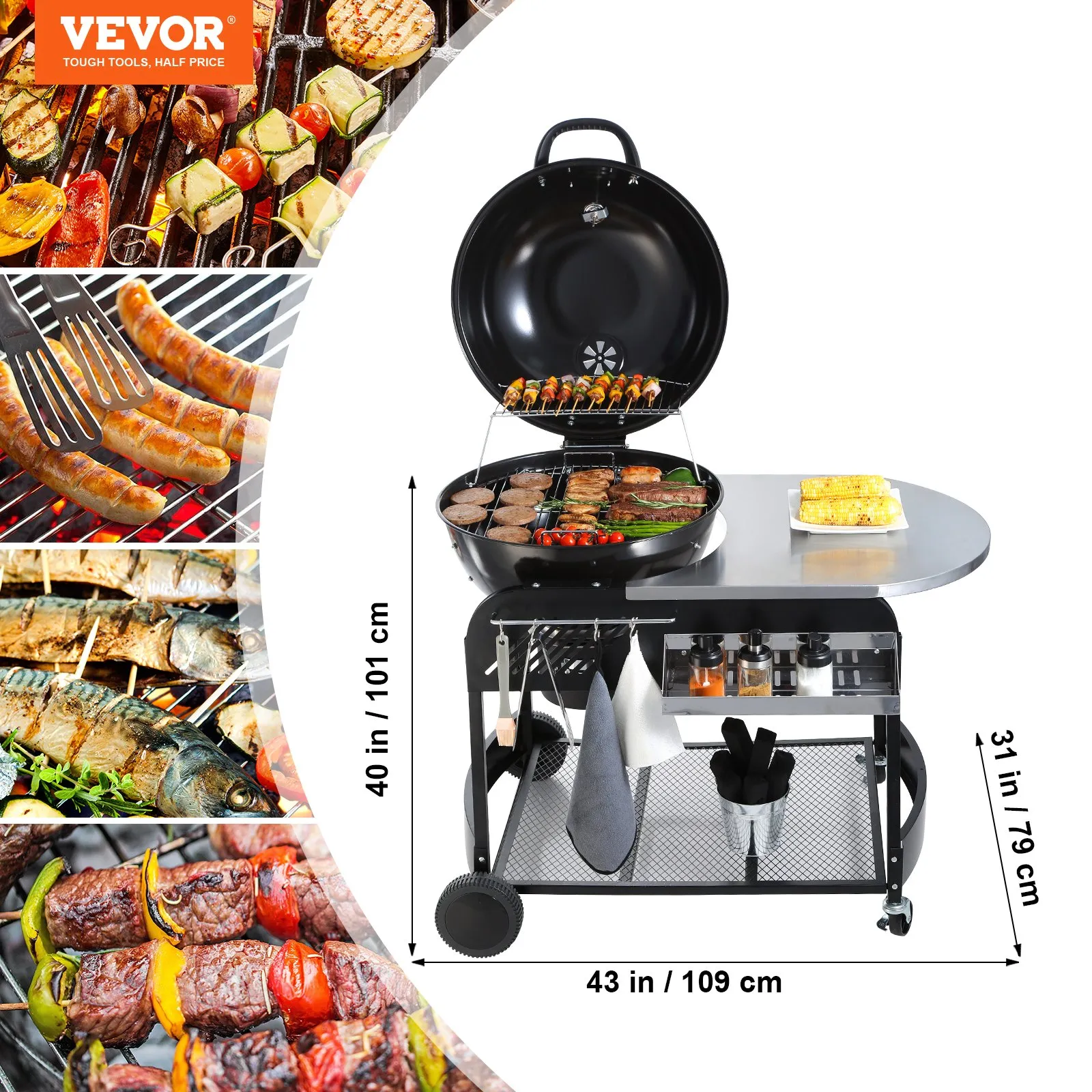 VEVOR 21-inch Kettle Charcoal Grill BBQ Portable Grill with Cart | Outdoor Cooking