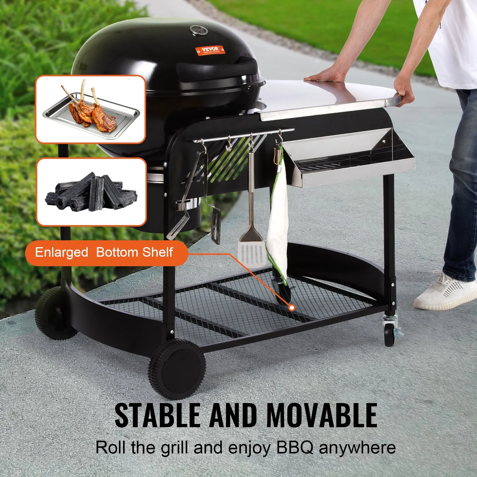 VEVOR 21-inch Kettle Charcoal Grill BBQ Portable Grill with Cart | Outdoor Cooking