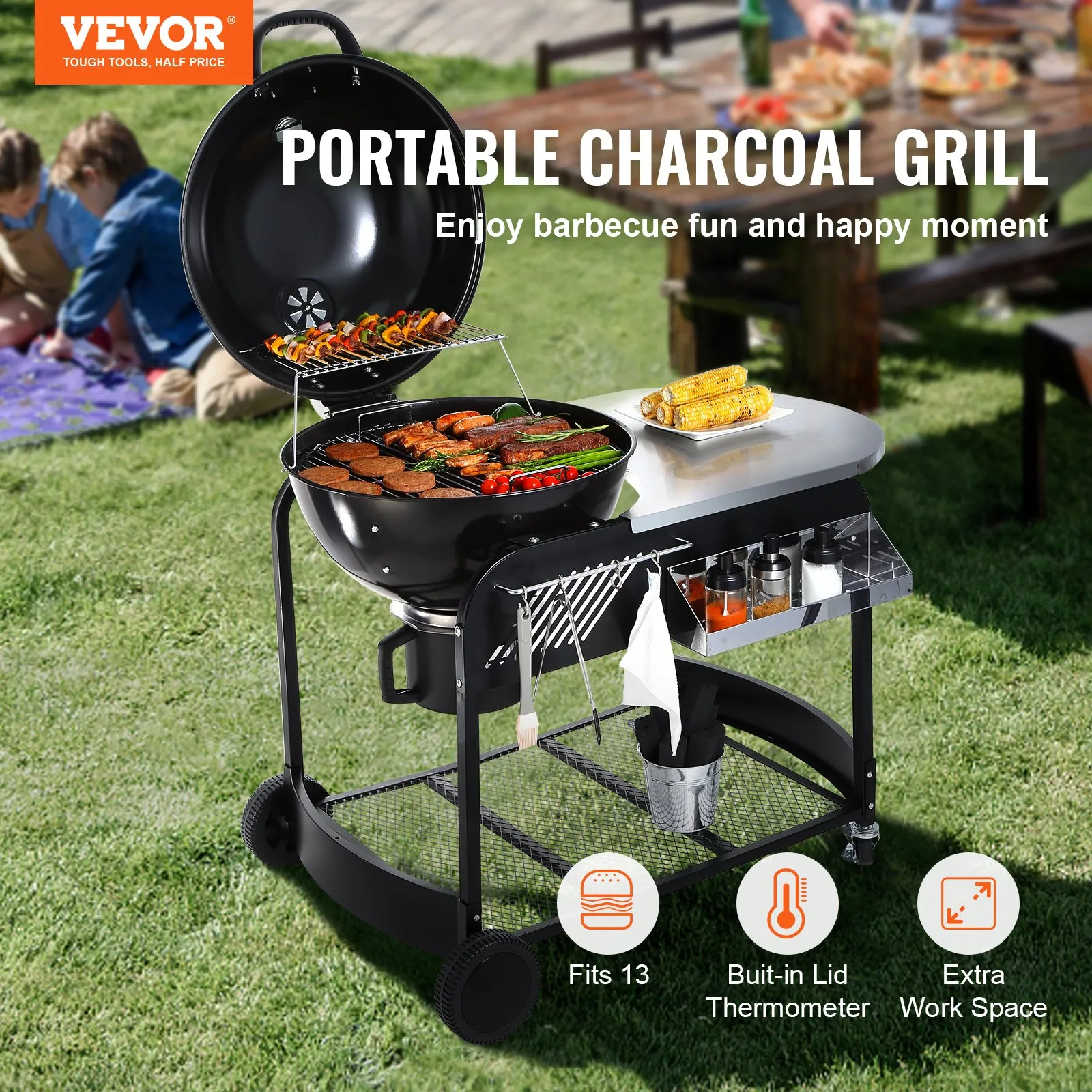 VEVOR 21-inch Kettle Charcoal Grill BBQ Portable Grill with Cart | Outdoor Cooking