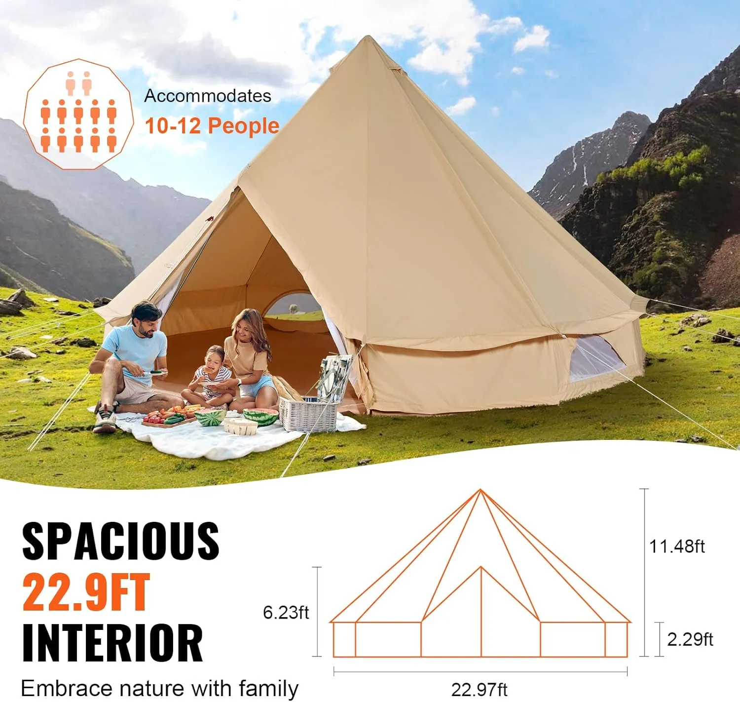 VEVOR Canvas Tent Bell, Yurt 4 Seasons for Camping with Stove Jack, Breathable Holds up to 4 People, Family Camping Outdoor Hunting Party