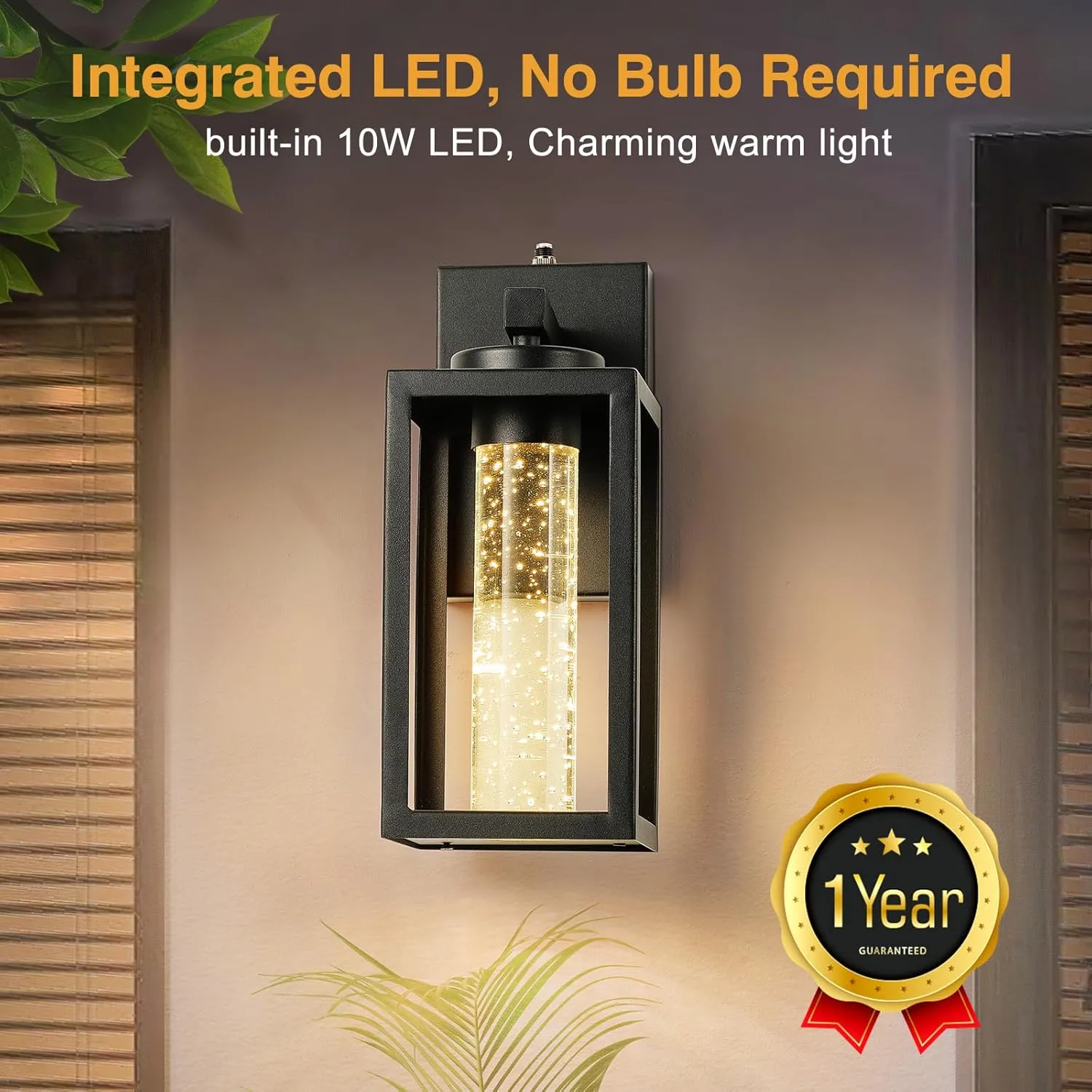 VIANIS 2 Pack Exterior Lighting Fixtures Wall Mount, Black Outdoor Porch Lights for House with Crystal Bubble Glass, Built-in 10W LED Outdoor Sconce Lantern for Garage, Modern Patio Wall Light Fixture