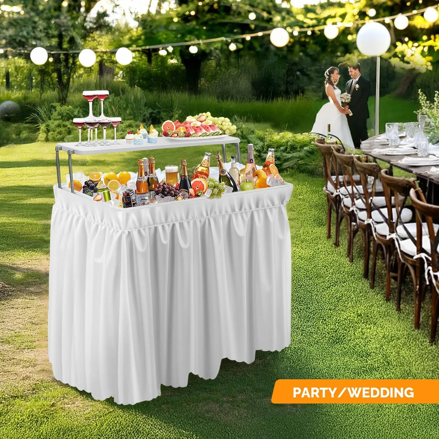 VINGLI Ice Table with Extra Storage Shelf, Portasble Cooler Side Table with Removable Skirt, Patio Table, Indoor & Outdoor Bar for Events, Parties and Camping