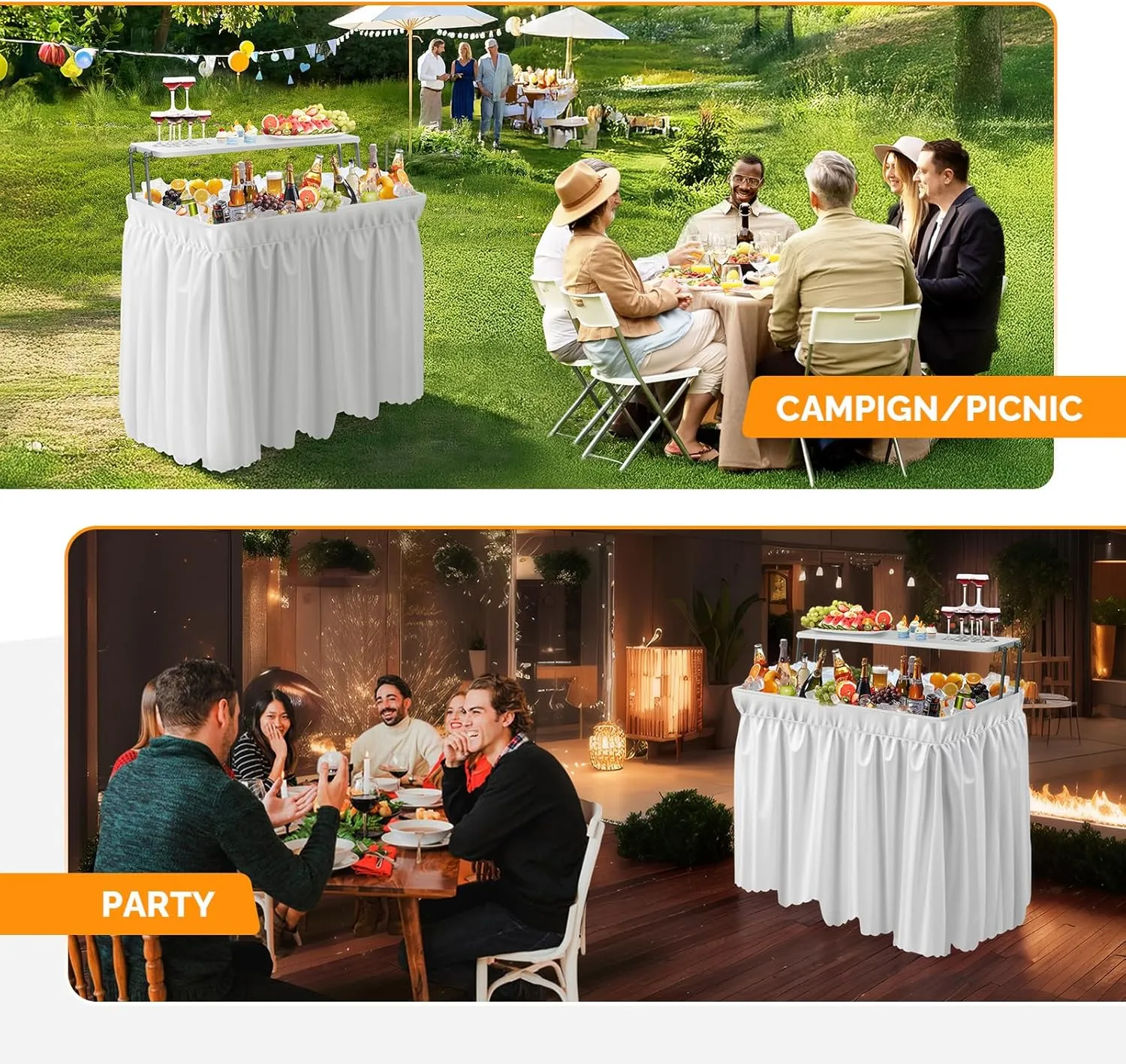 VINGLI Ice Table with Extra Storage Shelf, Portasble Cooler Side Table with Removable Skirt, Patio Table, Indoor & Outdoor Bar for Events, Parties and Camping