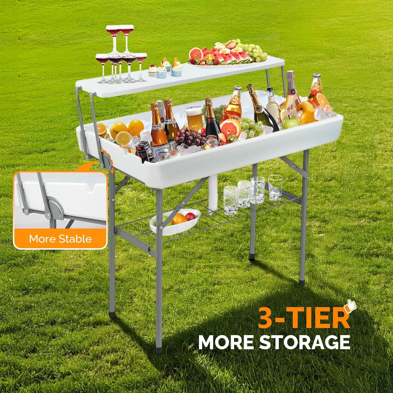 VINGLI Ice Table with Extra Storage Shelf, Portasble Cooler Side Table with Removable Skirt, Patio Table, Indoor & Outdoor Bar for Events, Parties and Camping