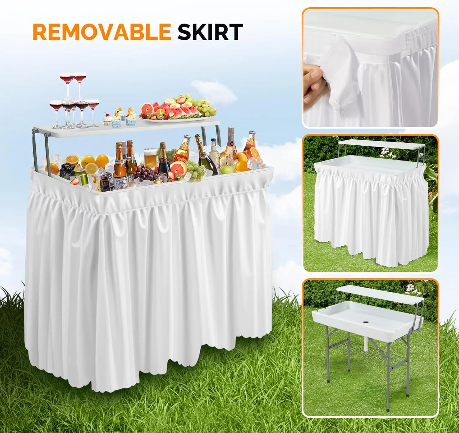 VINGLI Ice Table with Extra Storage Shelf, Portasble Cooler Side Table with Removable Skirt, Patio Table, Indoor & Outdoor Bar for Events, Parties and Camping