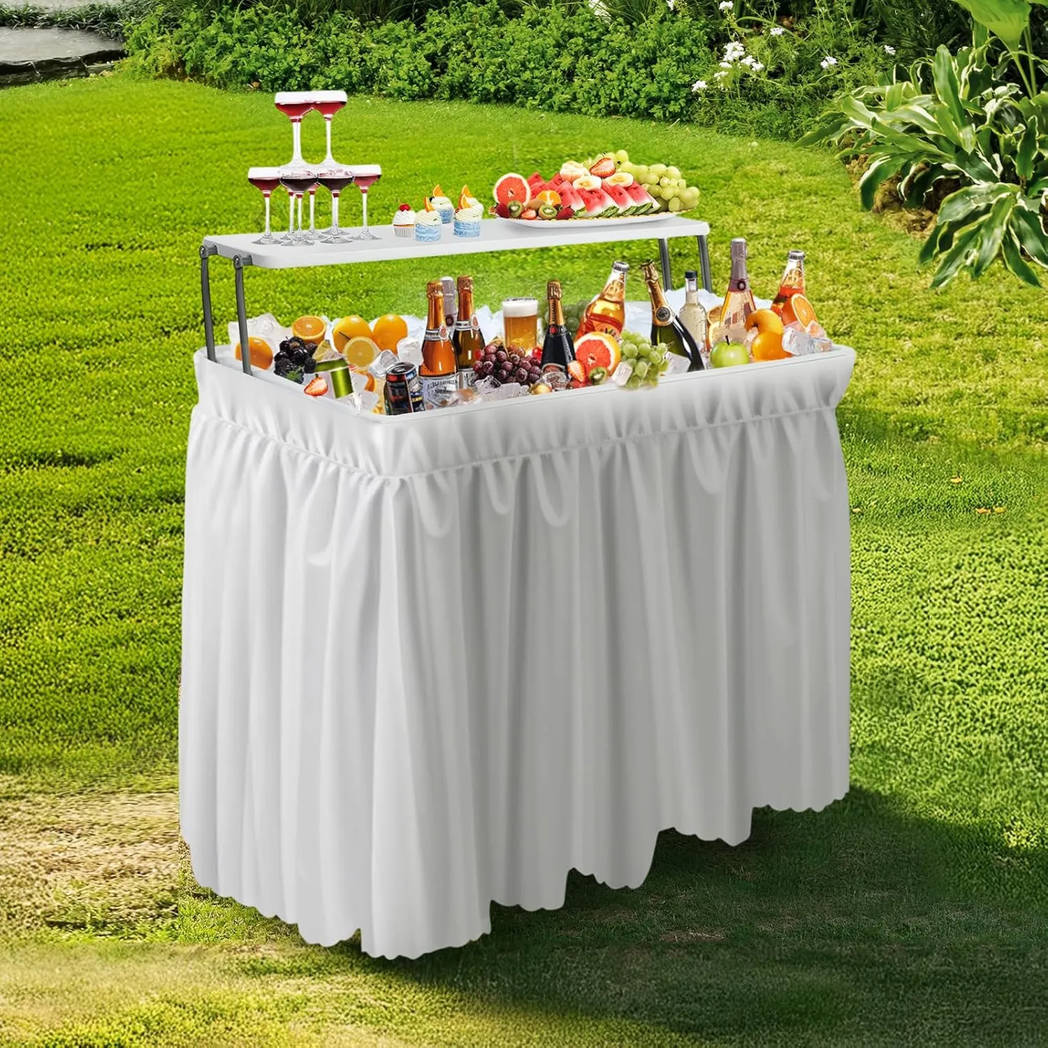VINGLI Ice Table with Extra Storage Shelf, Portasble Cooler Side Table with Removable Skirt, Patio Table, Indoor & Outdoor Bar for Events, Parties and Camping