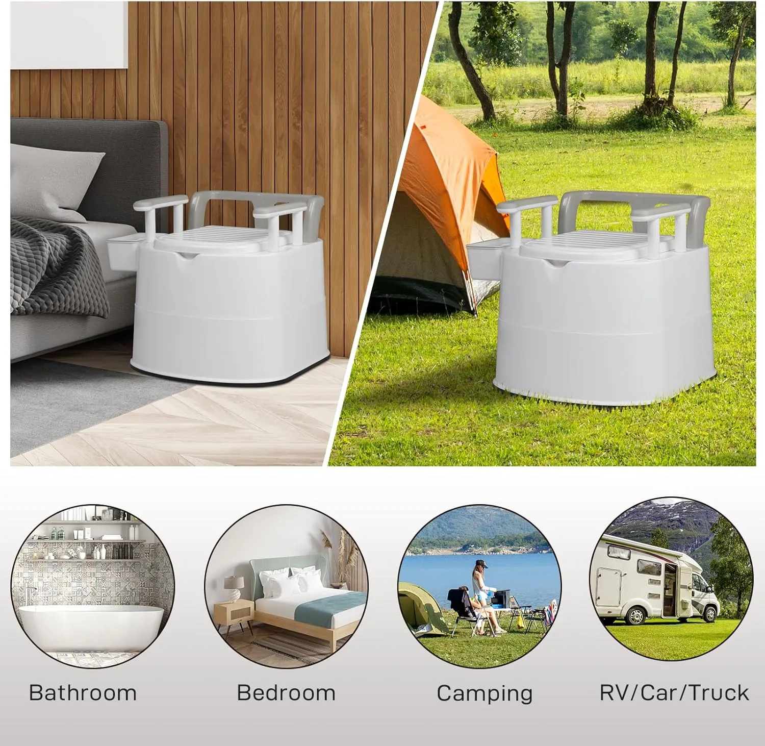 VINGLI Larger Portable Toilet for Adults Camping, Commode Back & Handrail Design, Indoor Outdoor Commode with Inner Bucket for for Adult, RV, Boat, Van, Travel, Emergency Use