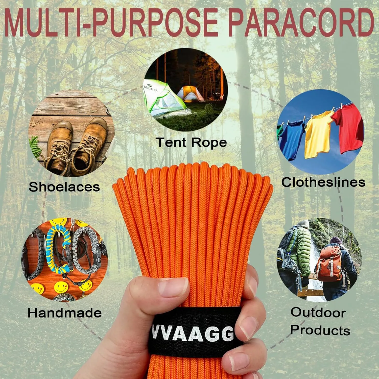 VVAAGG 550 Paracord 200FT - Lightweight and Durable 4mm Nylon Parachute Cord, Tent and Camping Rope, Clothesline - Orange