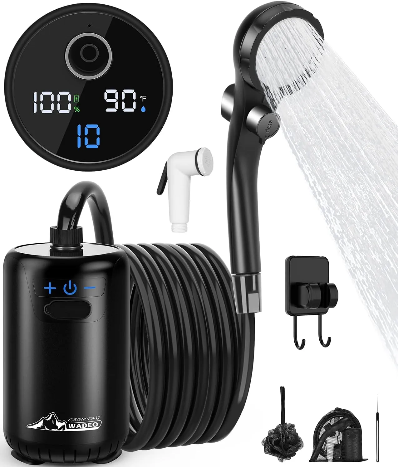 WADEO Portable Shower for Camping, 6000mAh Rechargeable Camping Shower with Fahrenheit Display, 10 Gear Switching, IPX8 Waterproof, Ideal for Outdoor Camping, Travel, Car Washing, Pet Bathing