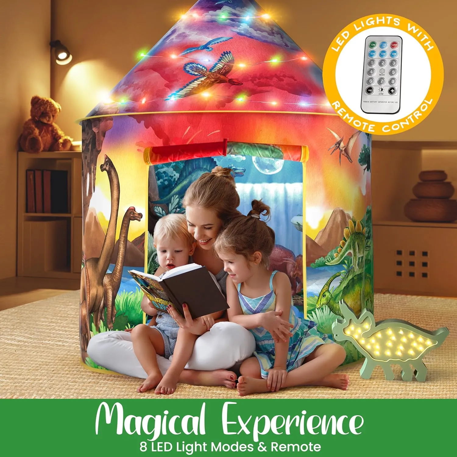 W&O Dinosaur Discovery Kids Tent with Roar Button, Dinosaur Toys and LED Lights - Epic Pop Up Tent for Boys & Girls - Perfect for Indoor & Outdoor Adventures
