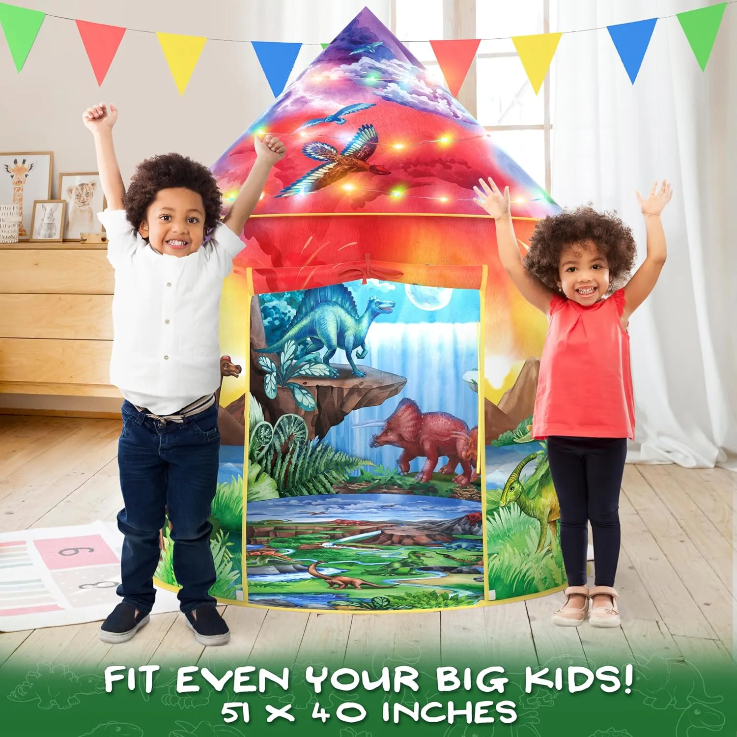 W&O Dinosaur Discovery Kids Tent with Roar Button, Dinosaur Toys and LED Lights - Epic Pop Up Tent for Boys & Girls - Perfect for Indoor & Outdoor Adventures