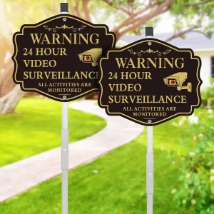 Warning 24 Hour Video Surveillance Sign, No Trespassing - This Property Has Video Surveillance Sign, 2Pack-12"x10" Rust Free Reflective Aluminum with 28" Metal Stakes Set, UV Protected, Easy to Mount
